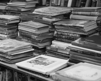 Pile de livres et documents posés sur une table.